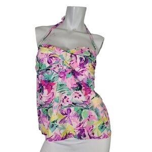Catalina SZ L Swim Top Halter Pink Purple Tropical Floral & Palm Leaf Floral